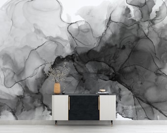 Black Marble Mural | Dark Stone Texture Peel and Stick Wallpaper | Bold Modern Design | PW641