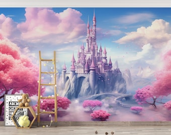 Princess Castle Wallpaper Peel and Stick Pink Clouds Sky Castle Self Adhesive Removable Wallpaper for Nursery Bedroom PW444