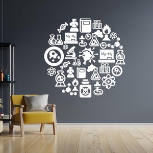 May include: White science themed wall decal with a variety of icons including beakers, test tubes, molecules, atoms, and a microscope. The decal is in the shape of a circle and is arranged in a circular pattern. The text "Mg + H2" appears twice on the decal.