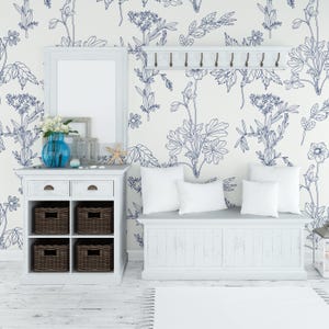 Blue Floral Wallpaper Peel and Stick Retro Blue Floral Pattern Self Adhesive Removable Wallpaper Bedroom Living Room Kitchen Nursery PW687