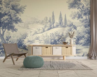 Blue Italian Toile Wall Mural | Cypress Countryside Vintage Landscape Wallpaper V27