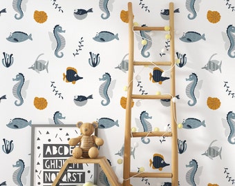 Under the Sea Peel & Stick Wallpaper | Ocean Fish Shark Nursery Mural | Coastal Kids Decor PW85