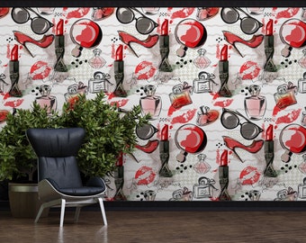 May include: White background with a repeating pattern of red lips, red lipstick, sunglasses, high heels, perfume bottles, and the text "Fashion Illustration".