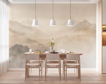 Whispering Dawn Peaks | Misty Neutral Mountain Mural | Serene Landscape Wallpaper | Peel & Stick Scenic | D186