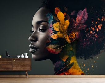 May include: A digital art print featuring a black and white portrait of a woman with colorful leaves and flowers superimposed over her face. The background is a dark green.