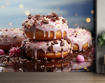 Donut-Wandgrafiken, Desserts, Donuts, Tapete zum Abziehen und Aufkleben, Desserts, Süßigkeiten, Tapete, Café, Bäckerei, Restaurant, abnehmbare Tapete, PW545