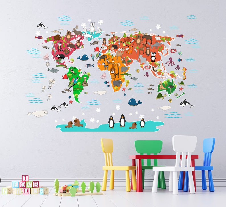 World Map Animals Vinyl Wall Decal | Educational Nursery Decor | Kids ...