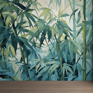 Serene Bamboo Leaves Mural | Lush Green Peel & Stick Removable Wallpaper | Cafe, Home Accent | PW462