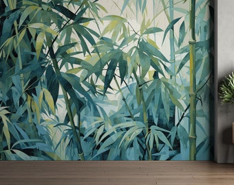Serene bamboebladeren muurschildering | Weelderig groen verwijderbaar Peel & Stick-behang | Café, woonaccent | PW462
