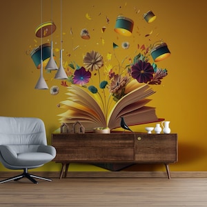 Open Book Wallpaper Peel and Stick Line Art Library Wall Decor Self Adhesive Mural Removable Fabric 3D Wallpaper for School PW298