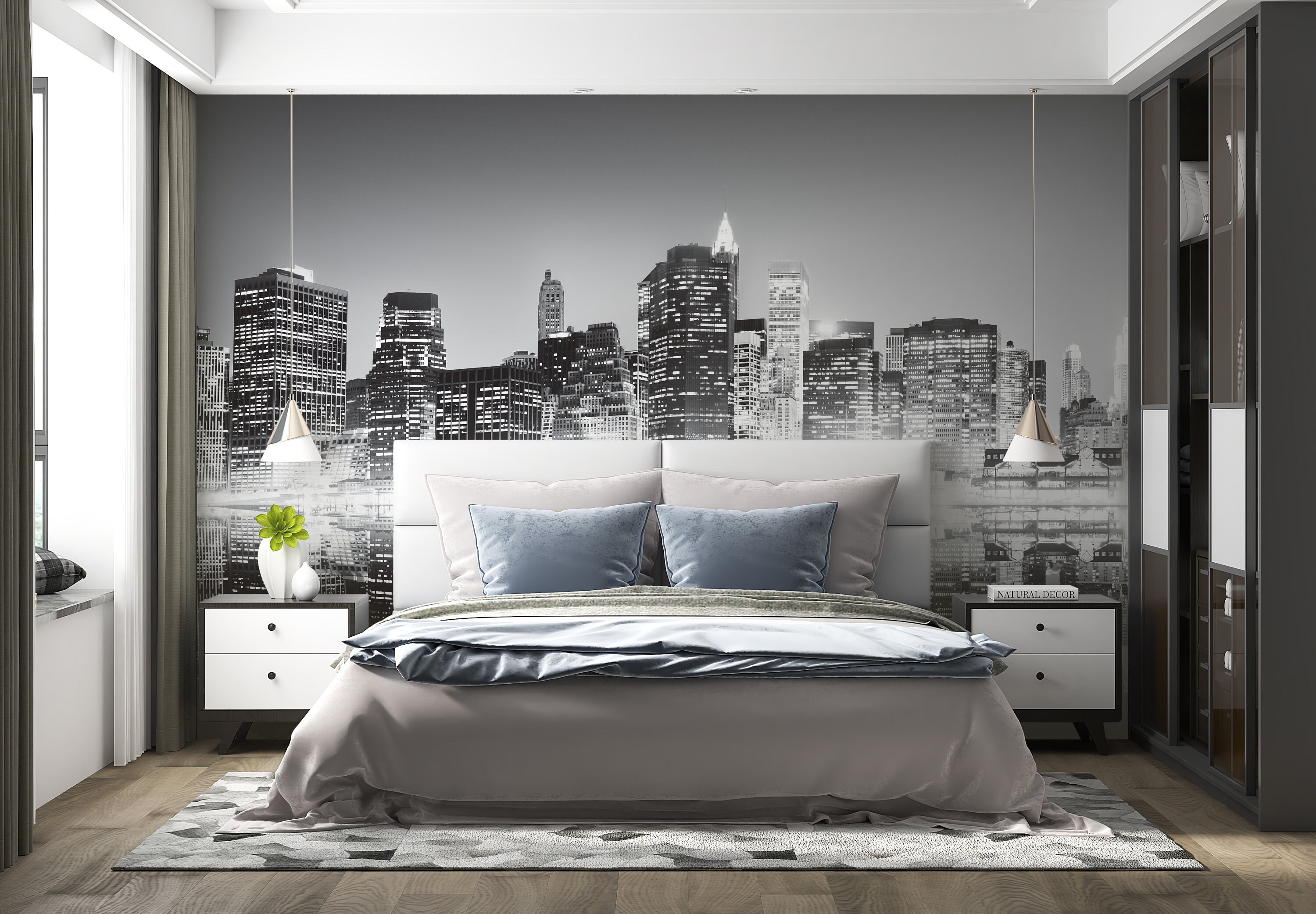 New York City Skyline | Metropolis Glow Mural | Black and White Peel ...