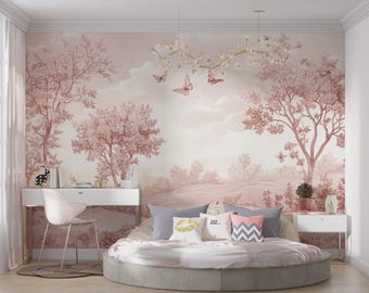 Blush Meadow Whispers | Pink Butterfly Tree Mural | Soft Landscape Peel & Stick Wallpaper | BL501K