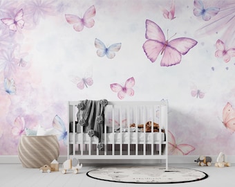 Butterfly Bloom Wallpaper | Pink Watercolor Peel and Stick, Girls Room | PW364