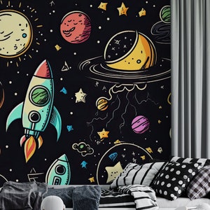 Weltraum-Tapete zum Schälen und Aufkleben, Kinderzimmer, Rakete Planet, Sonnensystem, Himmel, Raumschiff, Wandbild, Weltraum, entfernbare Tapete PW433