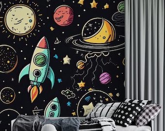 Rocket Planet Space Wallpaper | Peel & Stick Kids Mural | Outer Space Solar System Decor | PW433