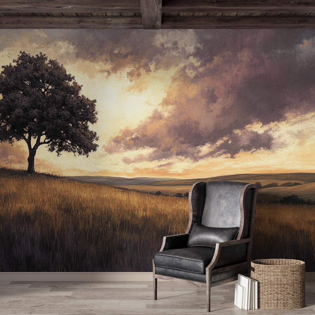 Golden Silence | Sunset Meadow Landscape Wall Mural | Peel and Stick ...