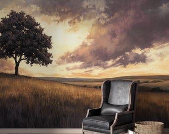 Golden Silence | Sunset Meadow Landscape Wall Mural | Peel and Stick Wallpaper V10