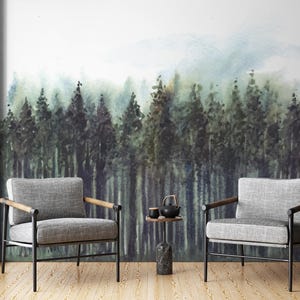 Papier peint forêt, forêt de pins, papier peint autocollant, papier peint nature, papier peint forêt auto-adhésif amovible en tissu PW733