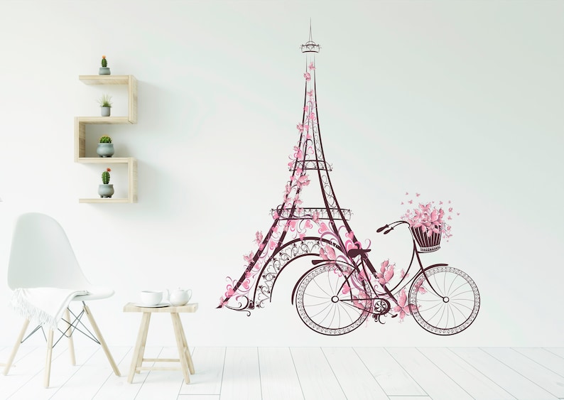 Paris Wall Decal Eiffel Tower Wall Sticker Flowers Retro Etsy