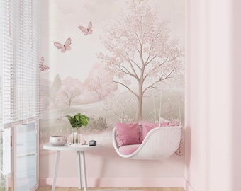 Whispering Petal Fields | Soft Pink Tree Mural | Butterfly Landscape Peel & Stick Wallpaper | BL503K