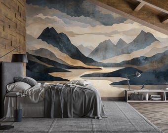 Stone Horizon | Abstract Mountain Wall Mural | Neutral Textured Landscape Wallpaper | Modern Luxury Decor | V13