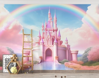 Princess Castle Wallpaper Peel and Stick Pink Clouds Sky Castle Self Adhesive Removable Wallpaper for Nursery Bedroom PW443