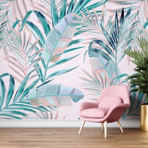 Tropical Blush Leaves Mural | Pink Peel and Stick Wallpaper | Modern Botanical PW60