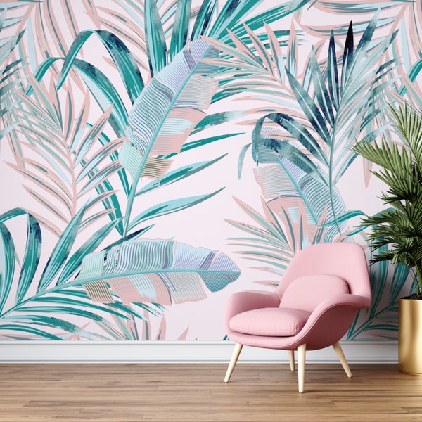 Tropical Wall Mural Peel and Stick Pink Tropical Wallpaper Self Adhesive Removable Fabric Jungle Wallpaper PW60
