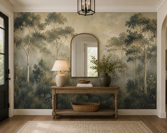 Sage Forest Wall Mural, Green Tree Wallpaper, Misty Woodland Peel and Stick Mural BL2