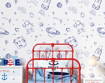 Cosmo Rockets | Outer Space Wallpaper Mural | Planets & Stars Peel and Stick | PW142