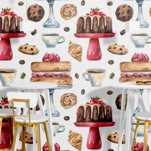 Sweets Wall Graphics Desserts Cookies Cupcakes Donut Croissant Cake Wallpaper Peel n Stick Wallpaper Cafe Bakery Restaurant Removable PW534