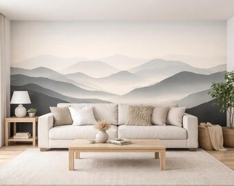 Misty Mountain Layers Mural | Neutral Landscape Wallpaper | Minimal Wall Art | 001BL