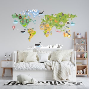 World Map Wall Decal for Nursery | World Map Animals Wall Sticker for ...