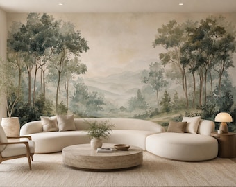 Verdant Light | Watercolor Woodland | Forest Wall Mural | Peel & Stick Wallpaper | V22