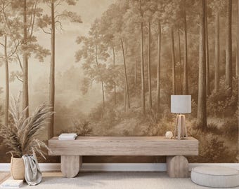 Whispering Pines | Sepia Woodland Vintage Forest Mural | Peel and Stick Wallpaper V20