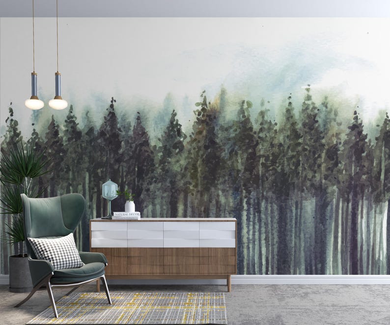 Pine Tree Forest Wall Mural | Lush Green Woodland Forest Peel and Stick ...