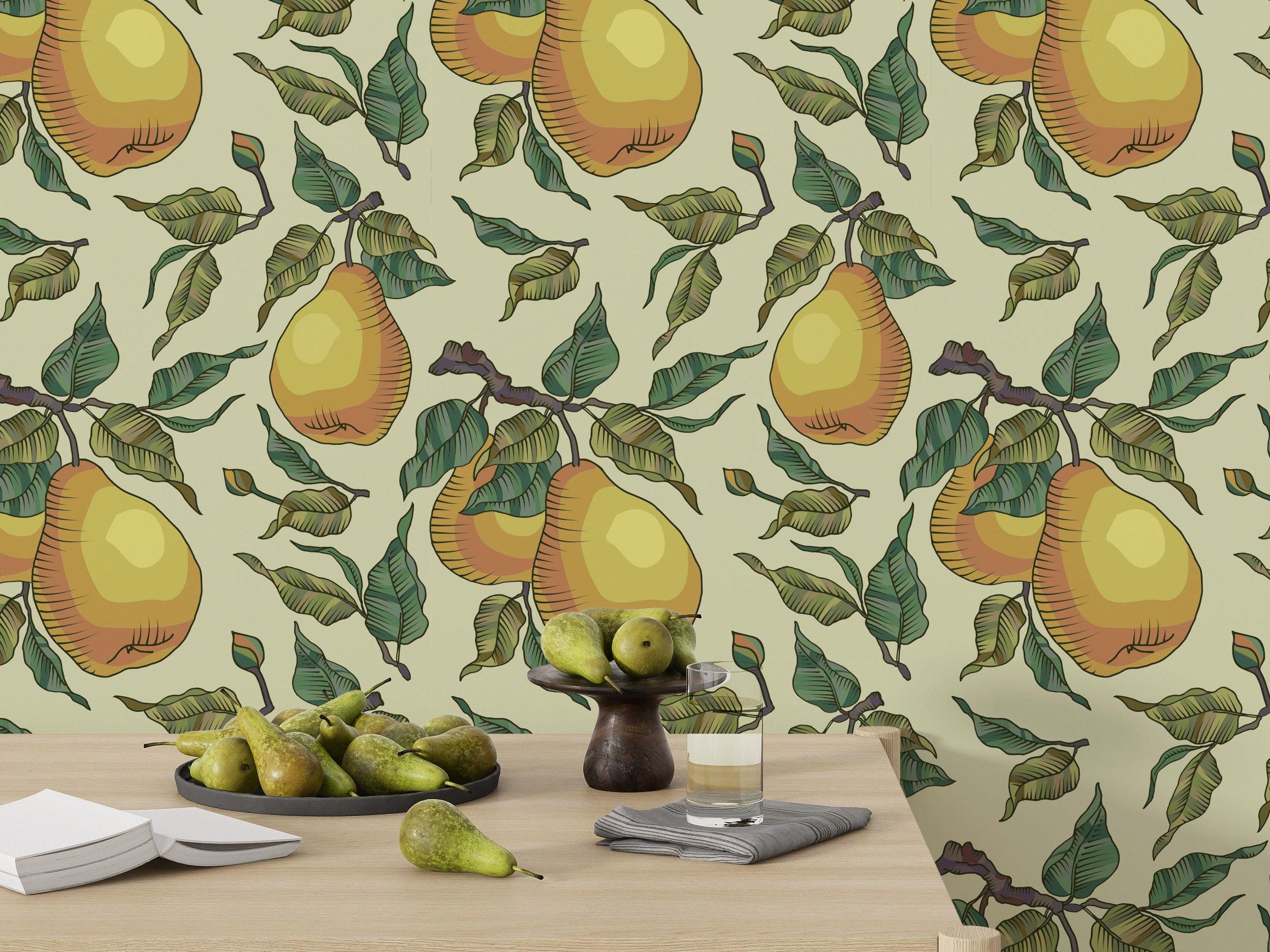 Papier peint poire, fruits verts, motif poire, papier peint auto-adhésif amovible, chambre à coucher, salon, cuisine, chambre d'enfant, PW694