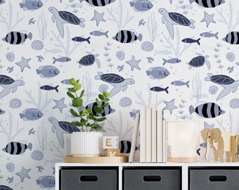 Under the Sea Nursery Wallpaper | Peel and Stick Removable Wall Mural | Ocean Fish Design PW97