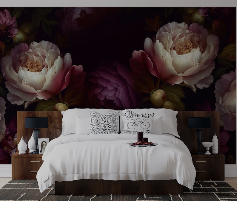 Dramatic Peony Bloom Mural | Dark Floral Peel & Stick Wallpaper | Moody ...