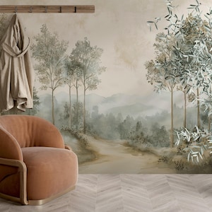 Silent Grove | Watercolor Forest Path Mural | Watercolor Forest Mural | Soft Green Wallpaper | Luxe Nature Wall Art | Peel & Stick | V25