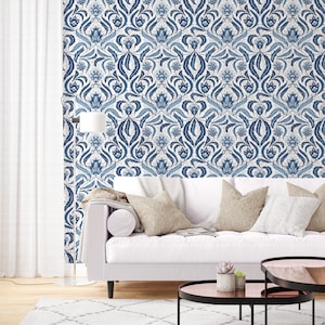 Vintage Floral Wallpaper Peel and Stick Vintage Blue and White Self Adhesive Removable Fabric Wallpaper PW41
