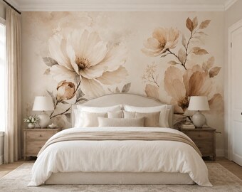 Neutral Floral Mural – Beige Watercolor Wallpaper with Oversized Ivory Flowers | BL1004