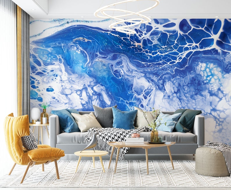 Blue Marble Peel and Stick Wallpaper Blue Water Wave Wall Etsy