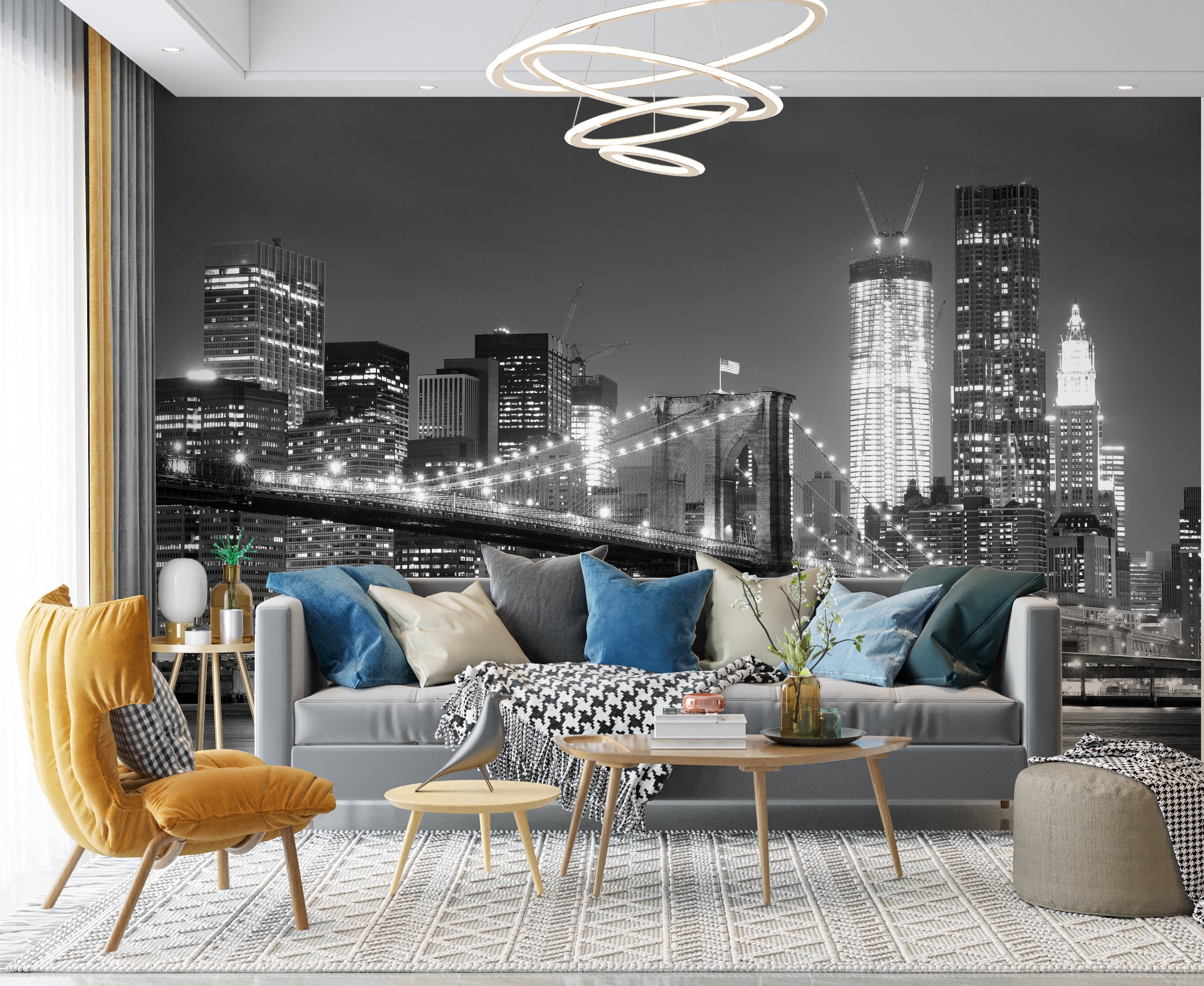 Horizonte nocturno / Mural de Nueva York en blanco y negro / Papel pintado  / Diseño urbano moderno / PW188 - Etsy México, image size:2444x2000