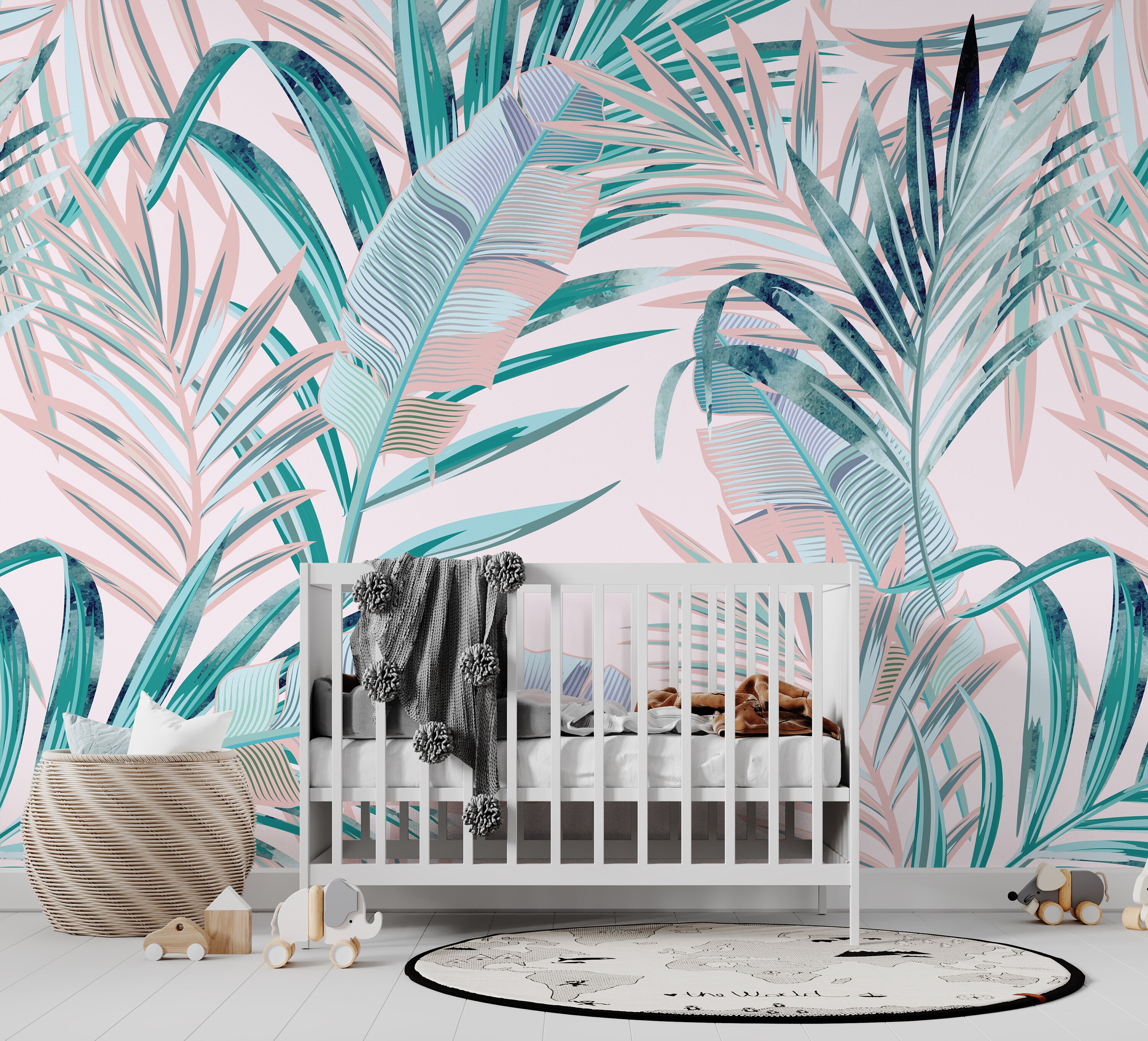 Tropical Blush Leaves Mural | Pink Peel and Stick Wallpaper | Modern ...