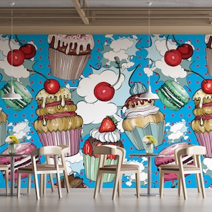 Vintage Sweets Wall Graphics Desserts Cookies Cupcakes Wallpaper Peel n Stick Wallpaper Cafe Bakery Restaurant Removable Wallpaper PW538
