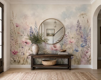 Wildflower Wallpaper – Pastel Watercolor Meadow Mural for Bedroom or Nursery | BL1001