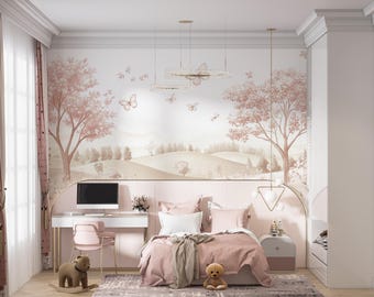 Rosy Garden Breeze | Blush Butterfly Landscape Mural | Romantic Tree Wallpaper | Peel & Stick | BL502K