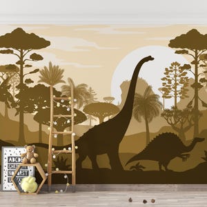 Dino World Forest Mural | Green Peel and Stick Dinosaur Wallpaper | PW673