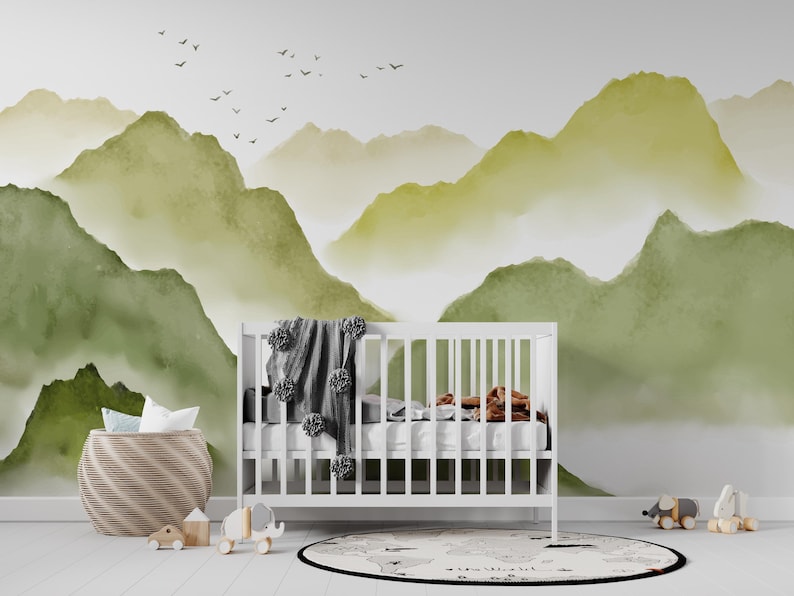 Little Summit | Watercolor Green Mountain Nursery Wall Mural | Neutral ...